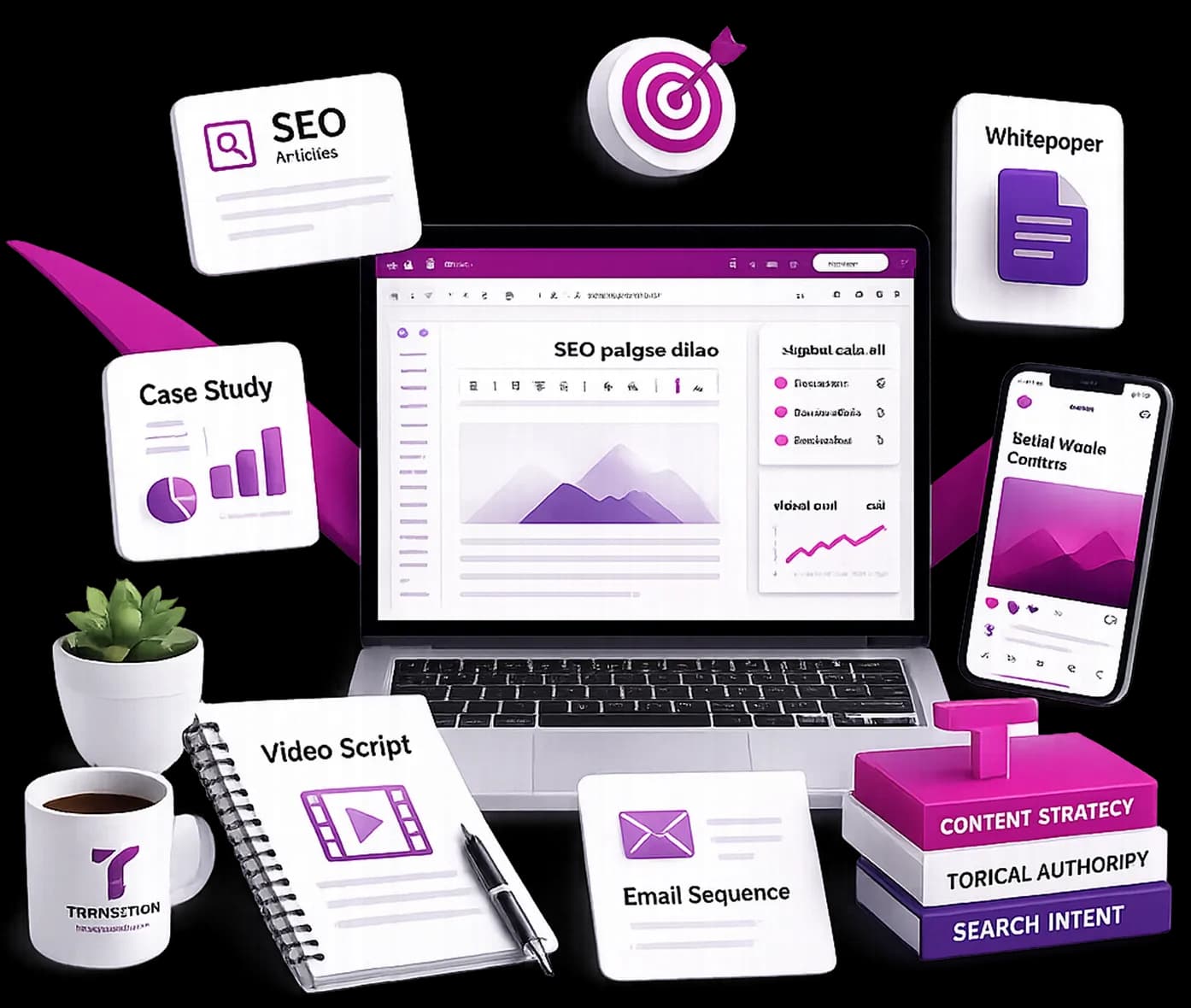 Transition professional content creation strategy with SEO articles laptop mockup