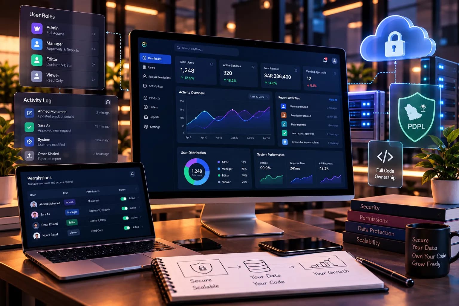 لوحة تحكم مخصصة بإجراءات وصلاحيات موثقة